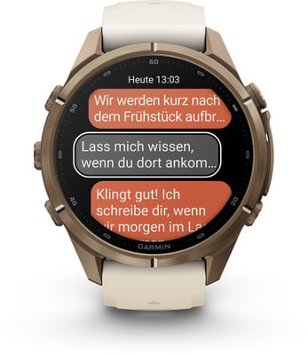 Eine Smartwatch zeigt eine Konversation mit Textnachrichten auf Deutsch an. Eine Smartwatch zeigt eine Konversation mit Textnachrichten auf Deutsch an.