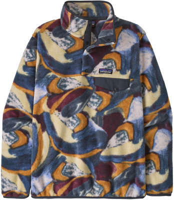 Patagonia Fleecejacke mit buntem abstraktem Muster und Druckknopfverschluss. Patagonia Fleecejacke mit buntem abstraktem Muster und Druckknopfverschluss.