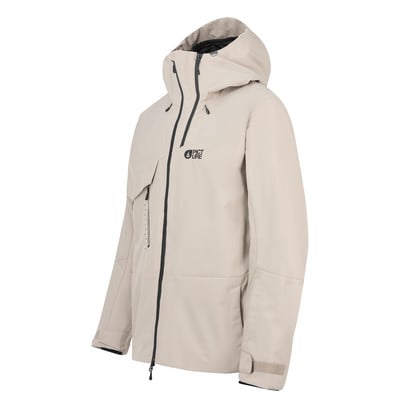Beige Herren-Skijacke mit Kapuze und schwarzem Reißverschluss. Beige Herren-Skijacke mit Kapuze und schwarzem Reißverschluss.