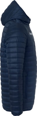 Dunkelblaue Daunenjacke mit Kapuze und gestepptem Design. Dunkelblaue Daunenjacke mit Kapuze und gestepptem Design.