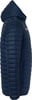 Dunkelblaue Daunenjacke mit Kapuze und gestepptem Design.
