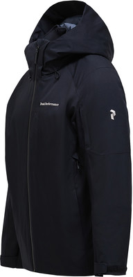 Schwarze Peak Performance Herrenjacke mit Kapuze und Logo am Ärmel.