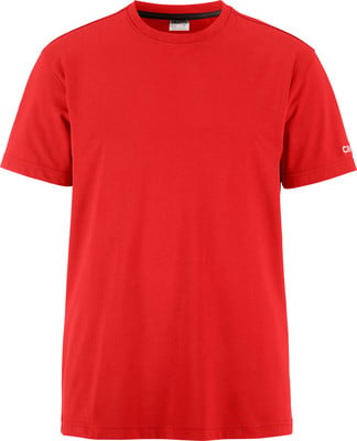 Rotes T-Shirt mit kurzen Ärmeln und kleinem Logo am Ärmel.
