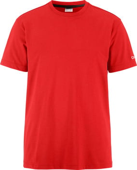Rotes T-Shirt mit kurzen Ärmeln und kleinem Logo am Ärmel.