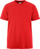 Rotes T-Shirt mit kurzen Ärmeln und kleinem Logo am Ärmel.