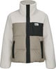 Beige Jacke mit weißen Fleeceärmeln und schwarzen Details.