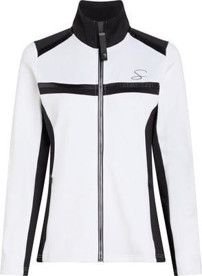 Weiße Jacke mit Reißverschluss und schwarzen Details, Logo auf der Brust.