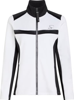Weiße Jacke mit Reißverschluss und schwarzen Details, Logo auf der Brust.
