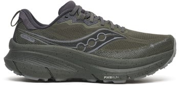 Khakifarbener Saucony Laufschuh mit grauen Details und Logo.