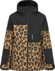 Schwarze Kapuzenjacke mit Leopardenmuster an Ärmeln und Brust.