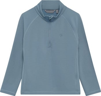 Blauer Kinderpullover mit langen Ärmeln und Reißverschluss am Kragen.