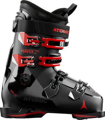 Schwarzer Atomic Skischuh mit roten Schnallen und Logo. Schwarzer Atomic Skischuh mit roten Schnallen und Logo.