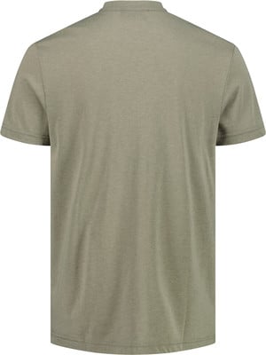 Rückansicht eines khakifarbenen kurzärmeligen T-Shirts mit Rundhalsausschnitt. Rückansicht eines khakifarbenen kurzärmeligen T-Shirts mit Rundhalsausschnitt.