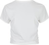Rückseite eines weißen Kurzarm-T-Shirts mit feinem Rippenmuster.