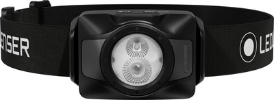 Schwarze Stirnlampe mit zwei LEDs und verstellbarem Band mit Logo. Schwarze Stirnlampe mit zwei LEDs und verstellbarem Band mit Logo.