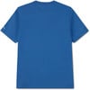 Blaues T-Shirt mit kurzen Ärmeln und Logo auf dem linken Ärmel.