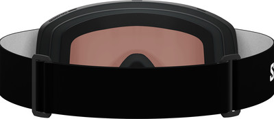 Schwarze Skibrille mit rosafarbenem Glas und schwarzem Band. Schwarze Skibrille mit rosafarbenem Glas und schwarzem Band.