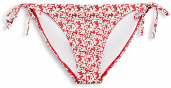 Rote Bikinihose mit weißer Blumenmusterung und verstellbaren Bändern.