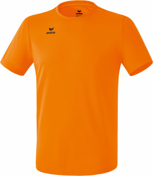 Orangefarbenes T-Shirt mit kurzen Ärmeln und Erima-Logo auf der Brust.