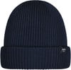Dunkelblaue Rippstrickmütze mit Markenlogo Barts auf einem Etikett.