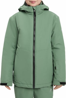 Grüne Winterjacke mit Kapuze und schwarzem Reißverschluss für Kinder. Grüne Winterjacke mit Kapuze und schwarzem Reißverschluss für Kinder.