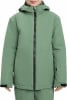 Grüne Winterjacke mit Kapuze und schwarzem Reißverschluss für Kinder.