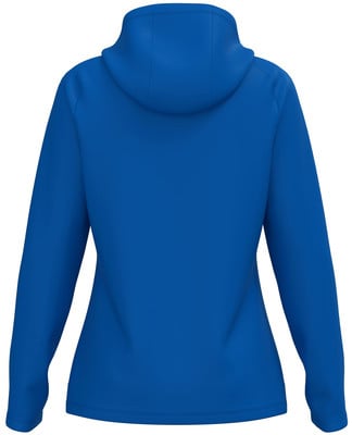 Rückansicht eines blauen Damen-Hoodies mit langen Ärmeln. Rückansicht eines blauen Damen-Hoodies mit langen Ärmeln.