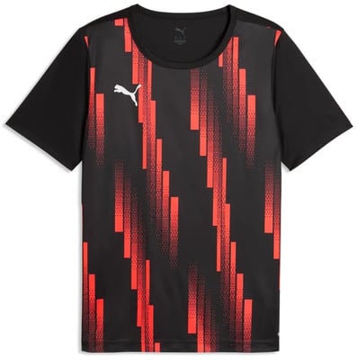 Fekete póló piros geometriai mintával és Puma logóval. Fekete póló piros geometriai mintával és Puma logóval.