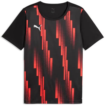 Fekete póló piros geometriai mintával és Puma logóval.