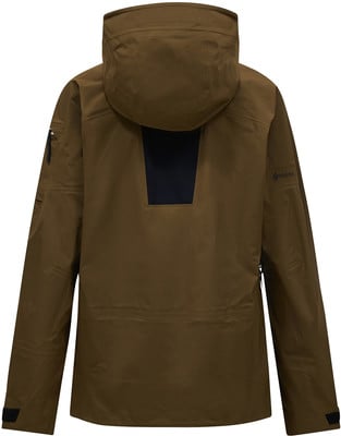 Rückseite einer braunen Jacke mit Kapuze und GORE-TEX-Logo. Rückseite einer braunen Jacke mit Kapuze und GORE-TEX-Logo.