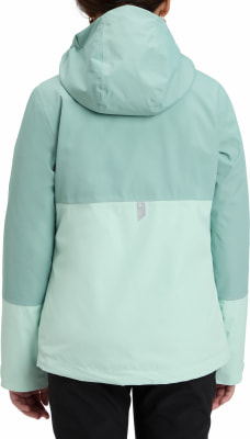Rückansicht einer Damenjacke in Minzgrün mit Kapuze und Farbblockdesign.