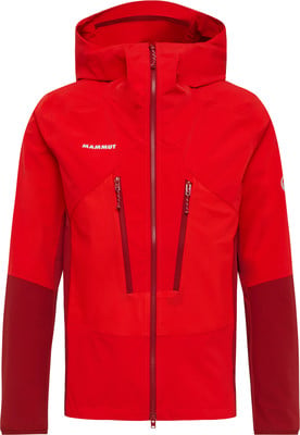 Rote Kapuzenjacke mit Mammut-Logo und mehreren Reißverschlusstaschen. Rote Kapuzenjacke mit Mammut-Logo und mehreren Reißverschlusstaschen.