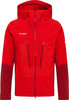 Rote Kapuzenjacke mit Mammut-Logo und mehreren Reißverschlusstaschen.