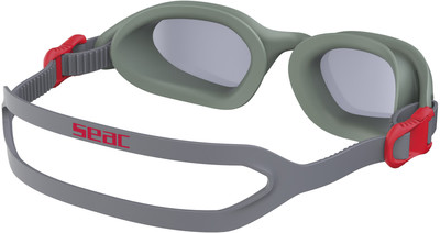 Graue Schwimmbrille mit grünem Rahmen und roten Details.