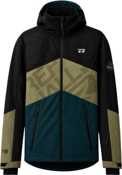 Schwarze Jacke mit Farbblöcken und REHALL-Logo auf der Brust.