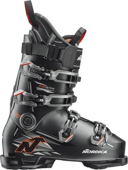Schwarzer Skischuh von Nordica mit orange-grauen Details.