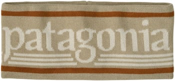 Gestrickter Schlauchschal mit Patagonia-Schriftzug und Streifen in Beige und Braun.