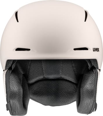 Weißer Skihelm von Uvex mit schwarzer Polsterung und Lüftungsschlitzen. Weißer Skihelm von Uvex mit schwarzer Polsterung und Lüftungsschlitzen.
