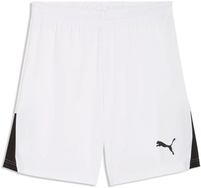 Weiße Puma Shorts mit schwarzen Seitenteilen und Logo. Weiße Puma Shorts mit schwarzen Seitenteilen und Logo.
