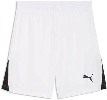 Weiße Puma Shorts mit schwarzen Seitenteilen und Logo.