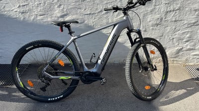 Ein graues Genesis E-Bike mit schwarzen Rädern und gelben Akzenten steht an einer Wand. Ein graues Genesis E-Bike mit schwarzen Rädern und gelben Akzenten steht an einer Wand.