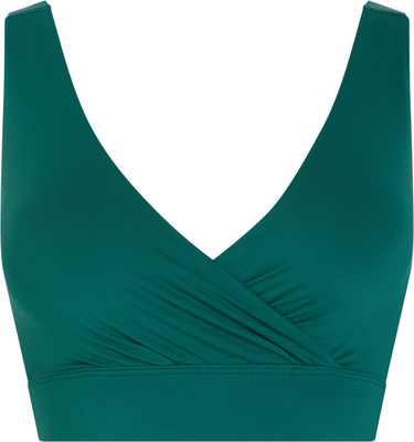 Tmavě zelený crop top s překříženým výstřihem do V a řasením.