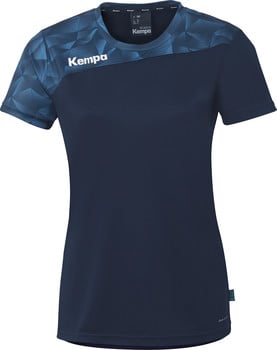 Dunkelblaues Damen T-Shirt von Kempa mit geometrischem Muster auf Ärmeln und Schultern.