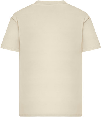 Rückseite eines cremefarbenen T-Shirts mit kurzen Ärmeln und Rundhalsausschnitt.