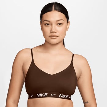 Damen-Sport-BH von Nike in Braun mit Logo auf dem Bund.