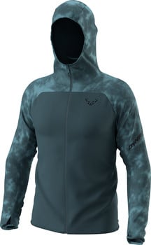 Dunkelblaue Herren-Kapuzenjacke mit Print, Dynafit-Logo auf der Brust.
