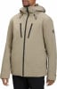 Herren-Beige-Jacke mit Kapuze und schwarzen Reißverschlüssen.