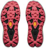 Zwei Schuhsohlen mit pinkem Muster und schwarzen Elementen, gelbem Vibram-Logo in der Mitte.