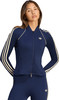 Dunkelblaue Adidas Jacke für Damen mit beigen Streifen und Logo.