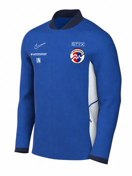 Blaue Jacke mit weißen Seitenpaneelen und Vereinslogo auf der Brust.